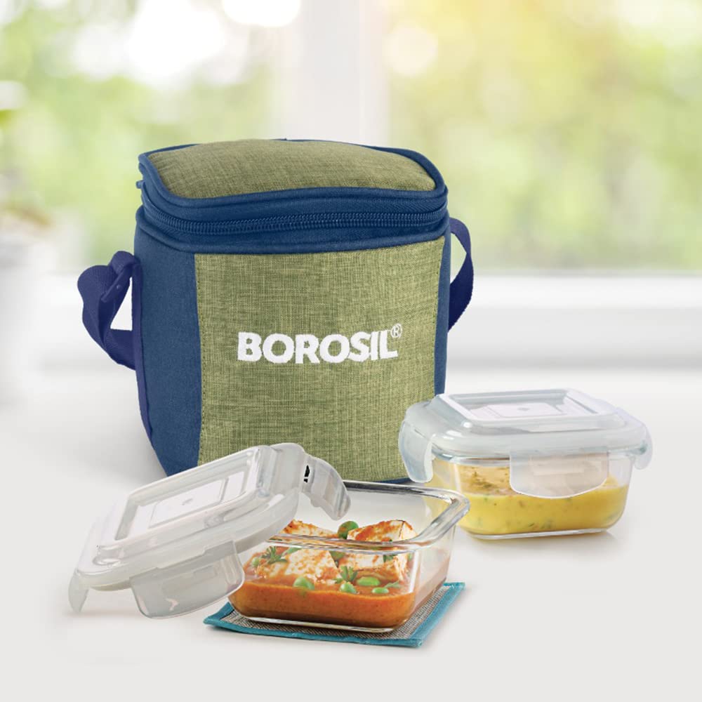 Borosil Ace Borosilicate Glass Lunch Boxes Set of 2 (320 ml Each) with Lunch Bag, Square, Vertical, Lunchboxes for Office & College, Microwave Safe, Leak Proof (Green) (B0B53T7WD2) Amazon Price History, Amazon Price Tracker