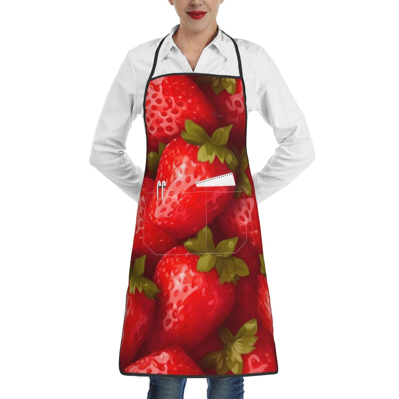 BKTRAVERPT Fashion Red Strawberry Apron - Waterproof Adjustable Large Bib Aprons With Pockets For Women & Men, Cooking Kitchen Apron For Chef, Bbq, Baking, Waitress, Restaurant, Coffee House