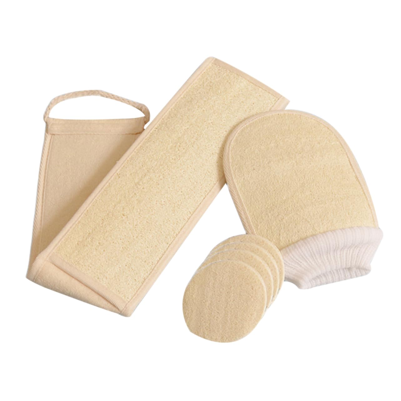 6piezas Esponjas De Luffa Natural Para Baño Exfoliantes y Suaves Incluye Guante Banda Para Espalda y Rodajas De Luffa Para Cuidado Piel y Spa