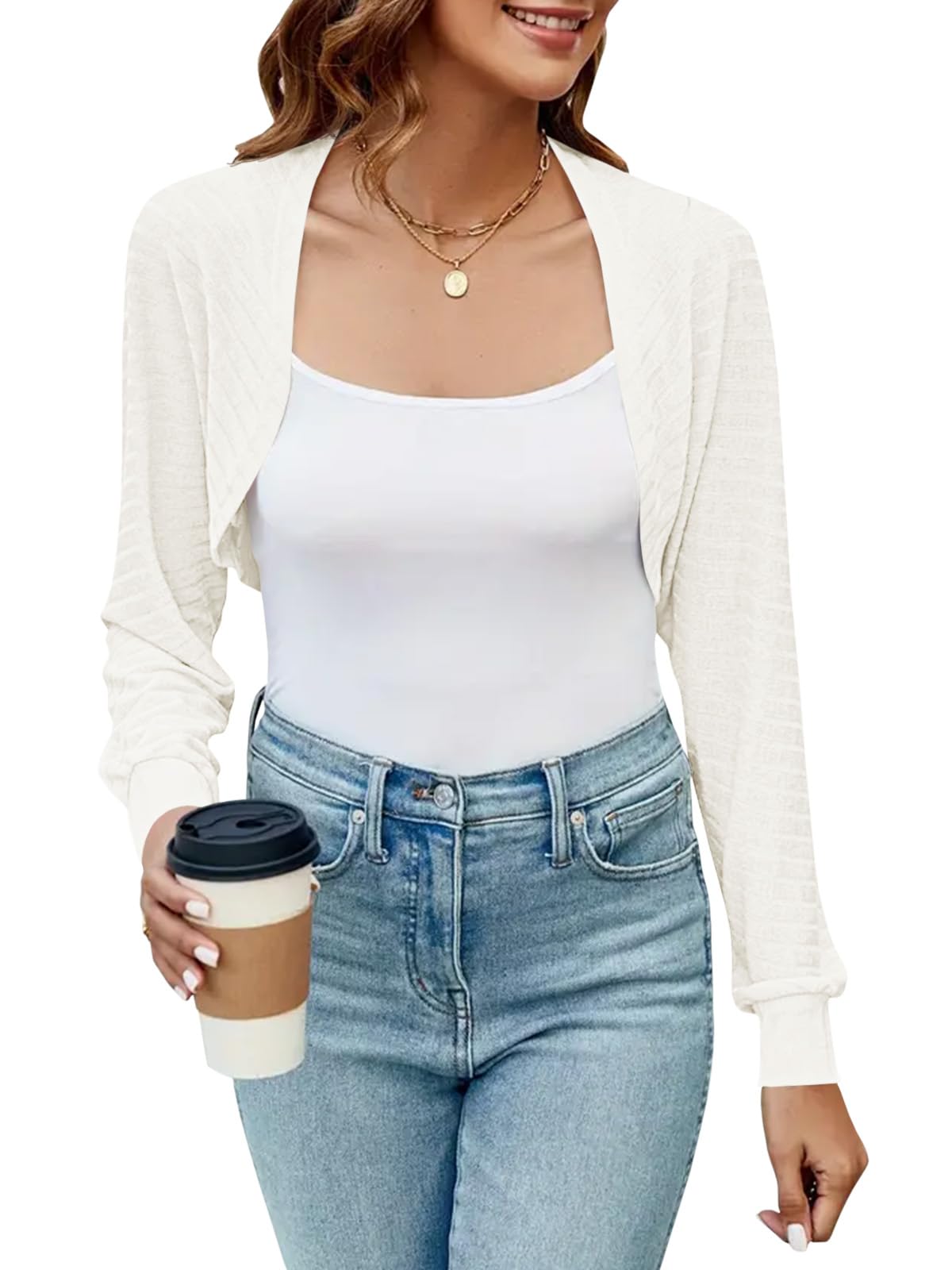 Imily Bela Womens Summer Cropped Cardigan Casual Long Sleeve Knit Sweaters Open Front Bolero Shrugs for Dresses
