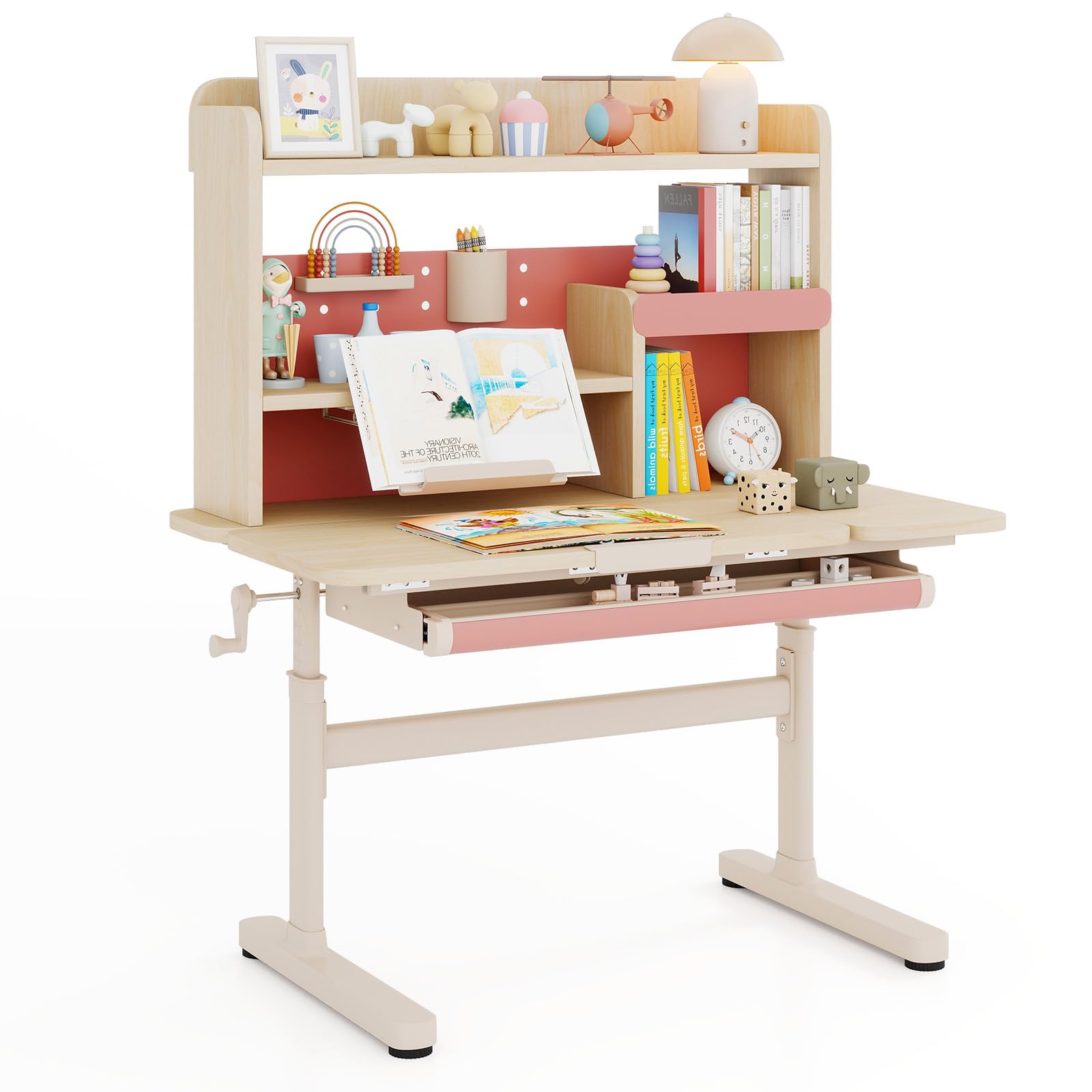DREAMADE Kinderschreibtisch mit ergonomischer Tischplatte 100 x 60 cm, höhenverstellbarer Schreibtisch mit ausziehbarer Lesepult & Ablagefächern, Schülerschreibtisch für Kinder ab 3 Jaren (Rosa)