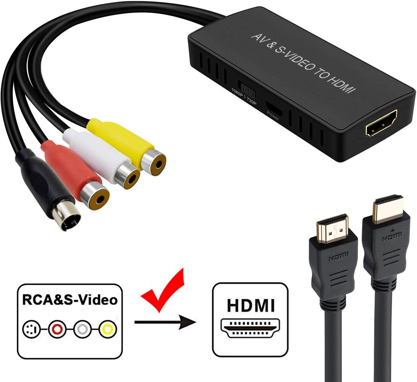 Svideo to HDMI Converter, RCA to HDMI Converter, S Video to HDMI Adapter Support 1080P, PAL/NTSC Compatible with WII, WII U, PS one, PS2, PS3, STB, Xbox, VHS, VCR, Blue-Ray DVD Players