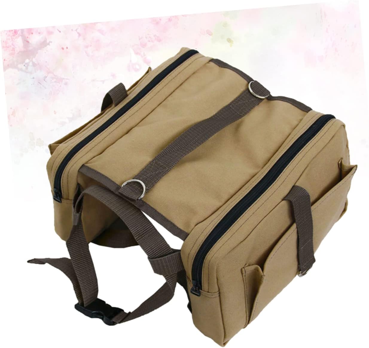 Pet Dog Outdoor Saddlebag Backpack Adjustable Dog Camping Carrier for Hiking Travel Adventure Lightweight Breathable Canvas Design Storage Pockets for Snacks Essentials Khaki