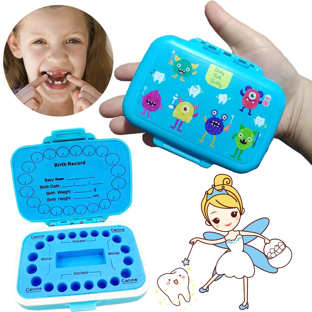 Photo 1 of Baby Teeth Keepsake Box, pp Children Kids Tooth Storage Holder Organizer Printed in English to Keep The Child-Wood Memory (Blue Pattern)