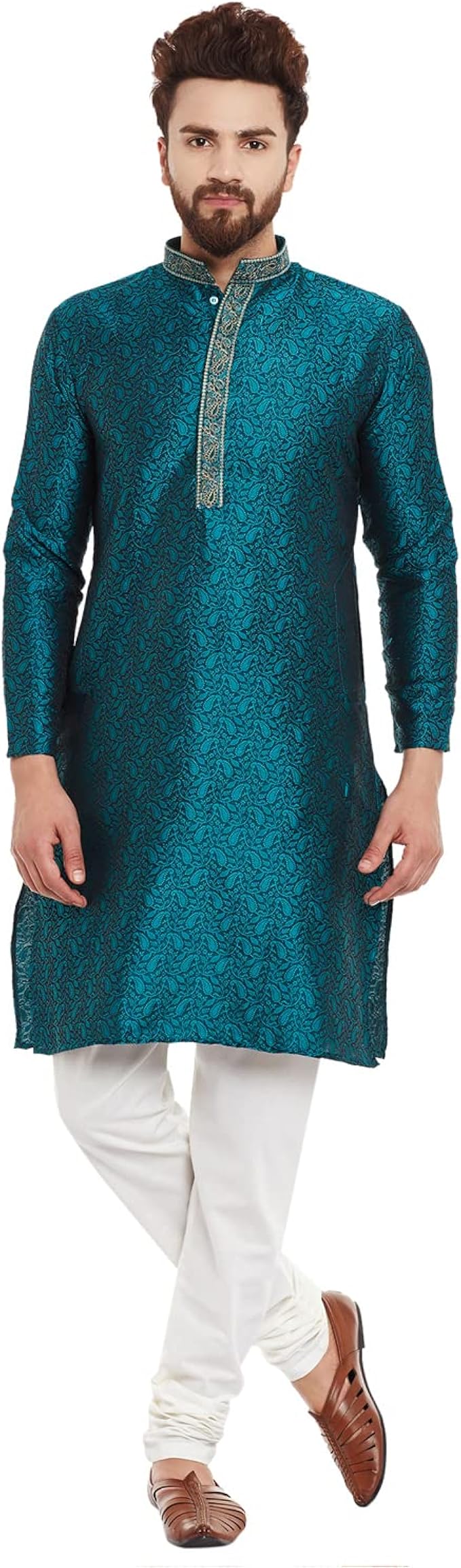Sojanya (Since 1958 Men&#39;s Red Jacquard Silk Kurta &amp; Churidaar Pyjama