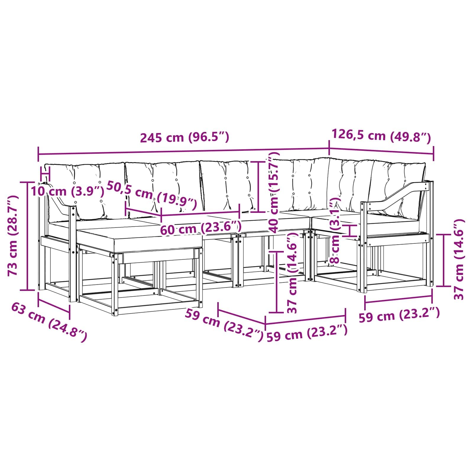 Outdoor-Sofagarnitur 7-teilig mit Kissen aus massivem Akazienholz und Textilene, natürlich und schwarz, Gartensofa mit Tisch, Hocker, Sitzgruppe für Terrasse, Pool und Garten