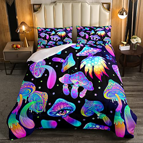 Mushroom Comforter Set Twin,Kawaii Trippy Botanical Bedding Set Psychedelic Plant Down Comforter For Kids Girls Teens Women Cartoon Cute Mushroom Room Decor Quilt Duvet Set With 1 Pillow Case Black #TOP6