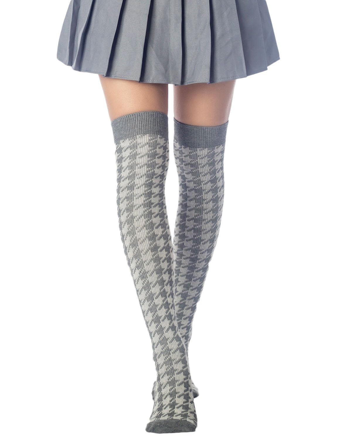 iB-iP Mujer Calcetines Largos Cuadros Pata Gallo Elegantes Hasta Muslo