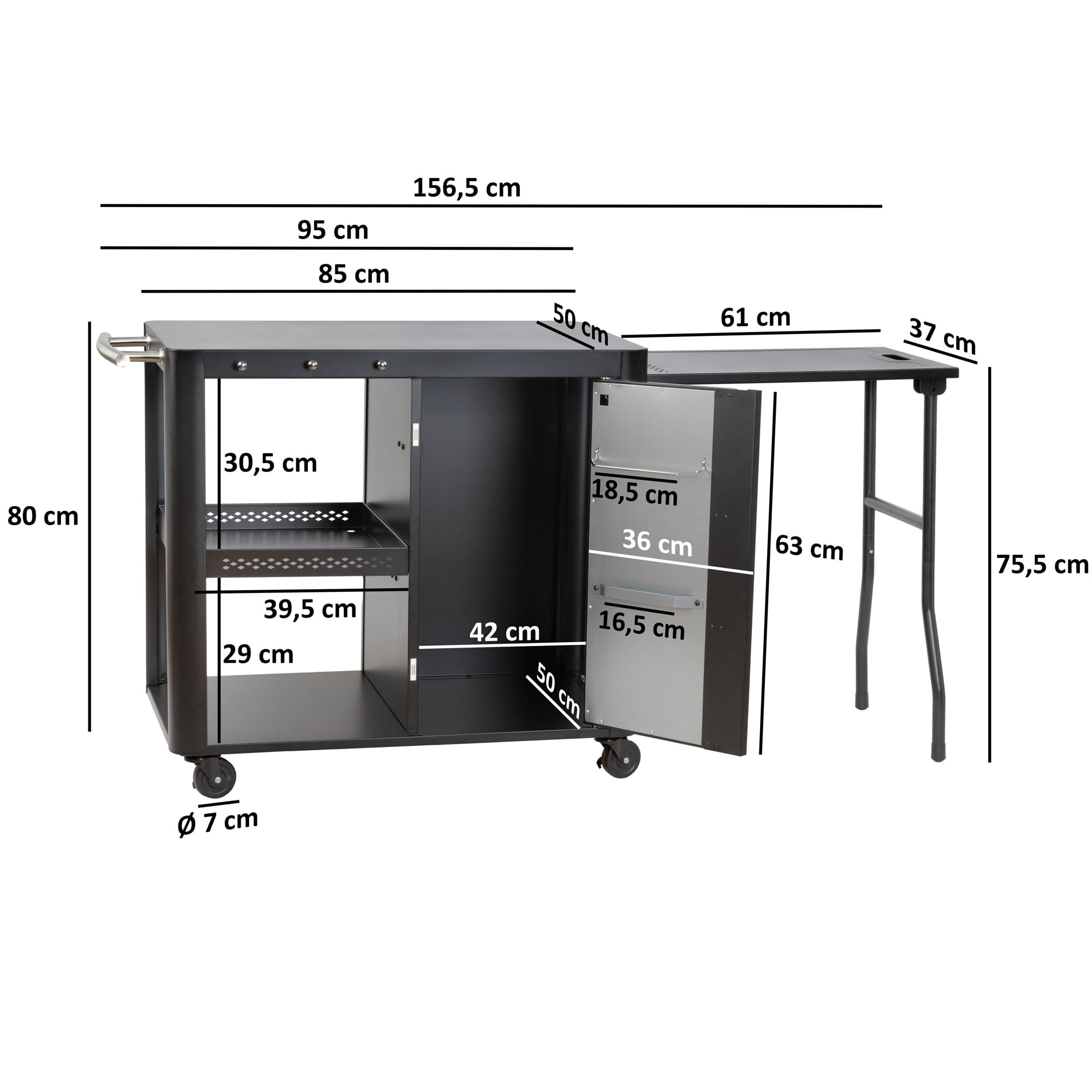 BBQ-Toro Grill na kółkach 95 x 50 x 80 cm, stół do grillowania z dużą powierzchnią roboczą, stolik pomocniczy, stolik do grillowania na świeżym powietrzu, wózek do serwowania, wózek do serwowania,