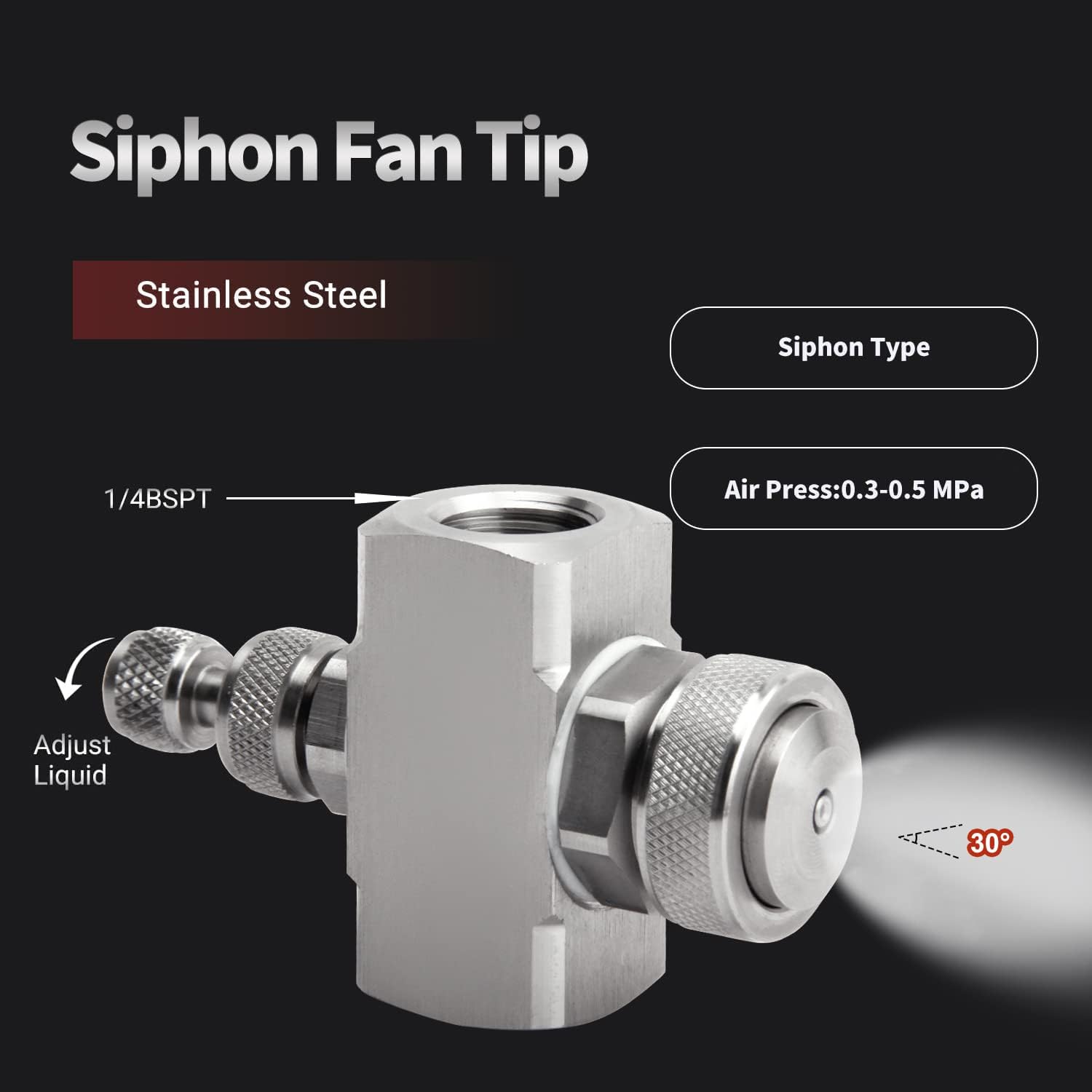 1/4BSPT Female Thread Air Atomizing Nozzle, 304 Stainless Steel Misting Nozzle 30 Degree Siphon Cone-Shape Spray Tip Nozzles