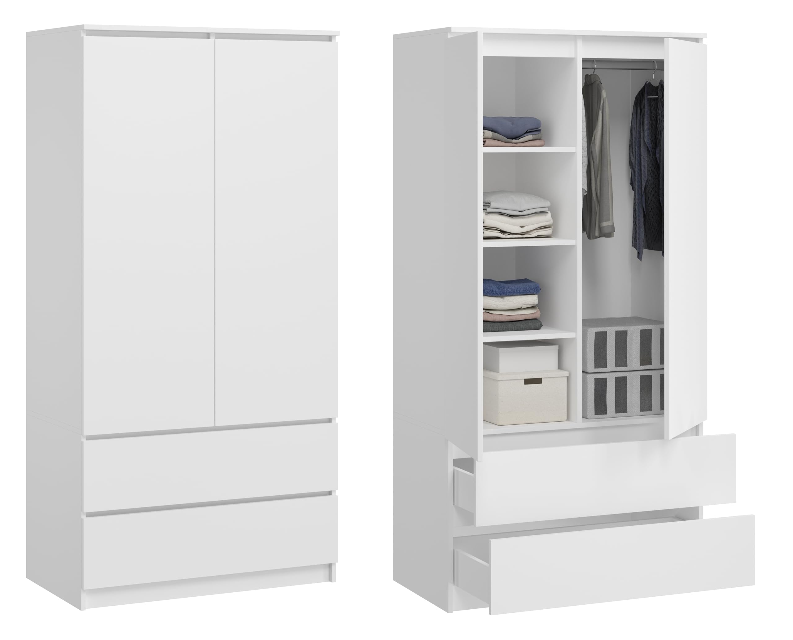 BDW Monia Armadio con 2 ante e 2 cassetti, opaco, 4 ripiani, guide a rulli in metallo, per camera da letto, guardaroba, ufficio (bianco, 180 x 90 x 50 cm)