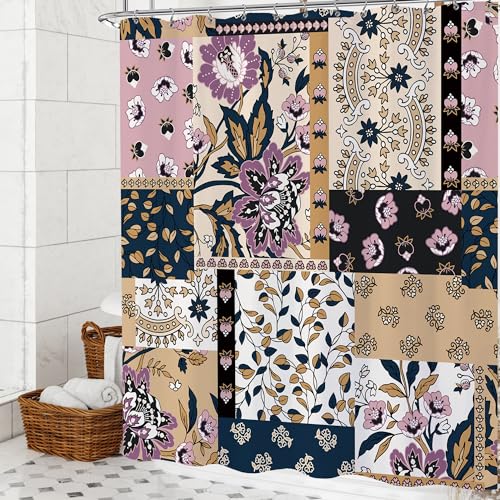 Opeoddie OPE-BOHM-SHFH Boho Flower Patchwork Shower Curtain 72X72 Bohemian Flower Aztec Shower Curtain Set Stitching Stitch Botanical Vintage Paisley Bath Curtain thumb #1