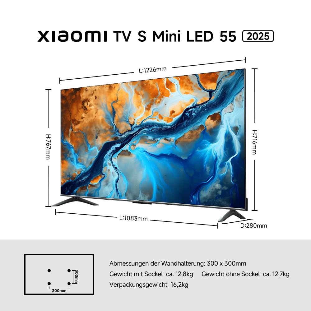 XIAOMI TV S Mini LED 55 Zoll (140 cm), 4K UHD Smart TV, 144Hz (240Hz Game Boost Mode), Dolby Atmos & Vision, HDR10+, Triple Tuner, DVB-C/S/S2/T/T2, Google TV, MEMC, Airplay, Google Assistant