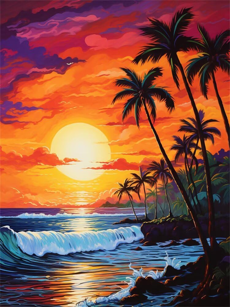 Beach Sunset Diamond Art Painting Kits, DIY 5D Diamond Painting Kits for Adults, Full Round Drill Diamond Art Landscape 30x40cm/12x16inch, Crystal Arts Crafts for Home Wall Decor Gifts -YZ1352