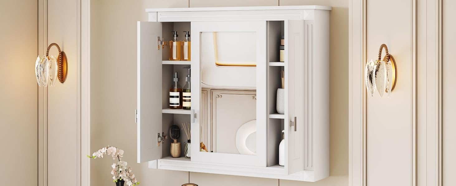 35x28 Medicine Cabinet with Mirror Bathroom Wall Mounted Cabinet with 3 Doors 8 Storage Shelves (White)