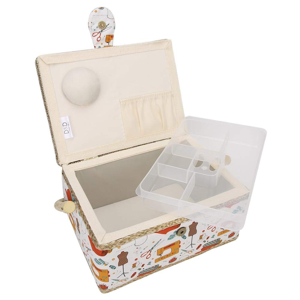 Caja de costura de madera multicolor, grande, organizadora, cesta de tela, hilo y aguja naranja