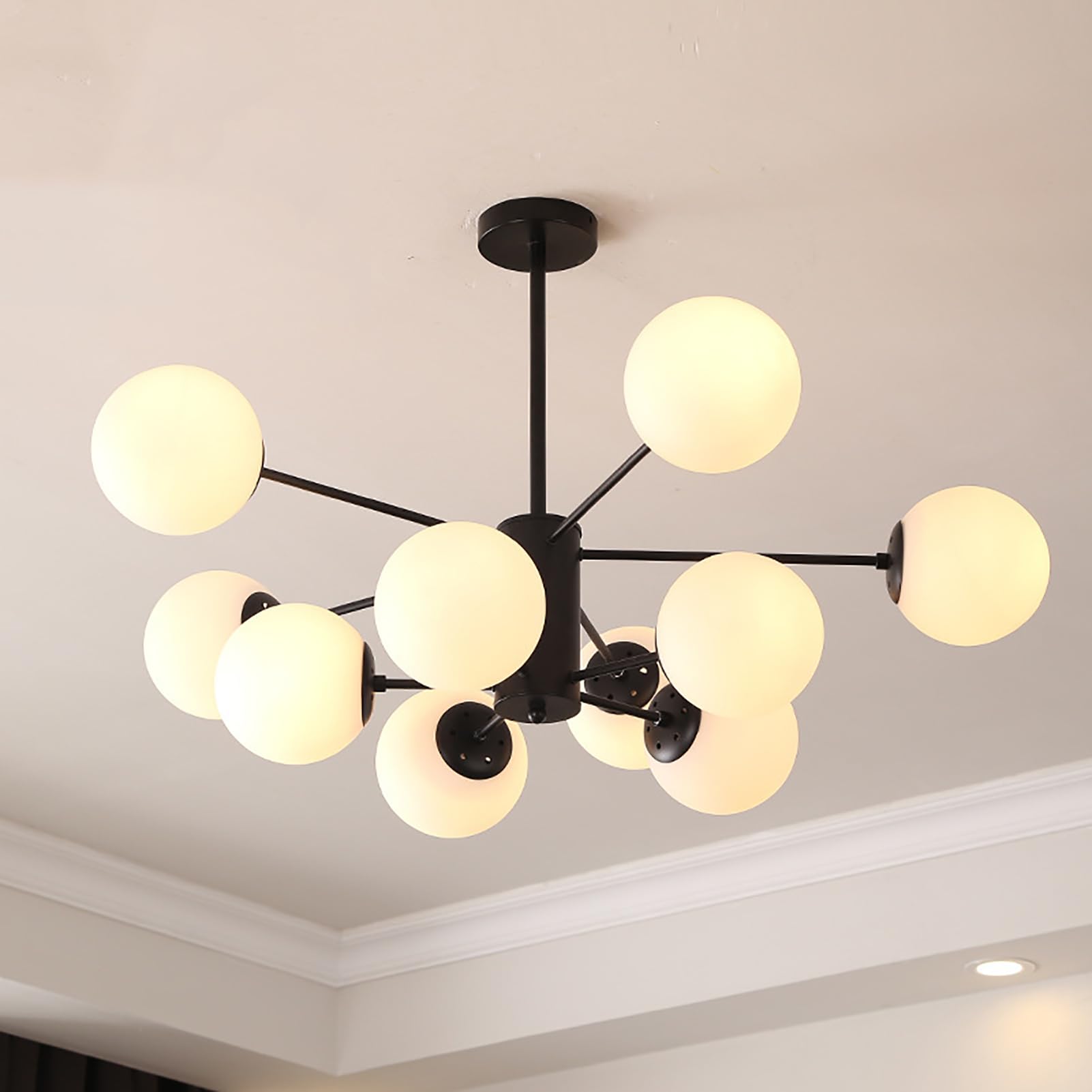 ksxnkhk Mid Century Modern Chandelier, Glass Linear Pendant Light Dimmable Light Fixture, Decorative Globe Ceiling Light for Dining Room, Bedroom, Kitchen, Easy Installation(10 Heads, Black + Cream)