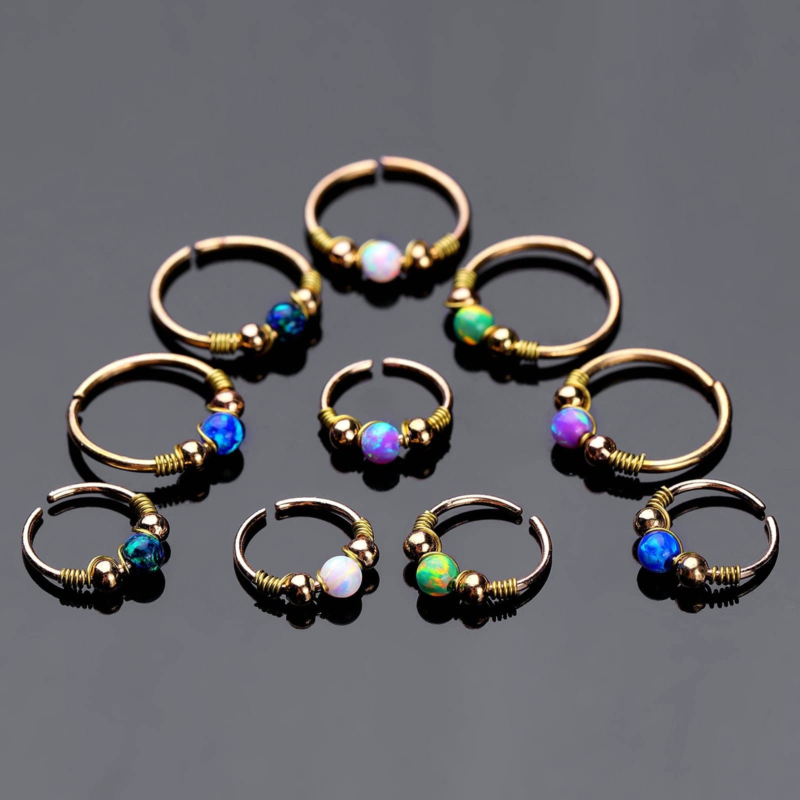 KnSam 20 Gauge Piercing Nostril Dünn, Hoop Kugel Tragus Ring Dünn für Herren Damen in Edelstahl, Ohrringe Lippenring mit Opal Bunt, 10 Stücke
