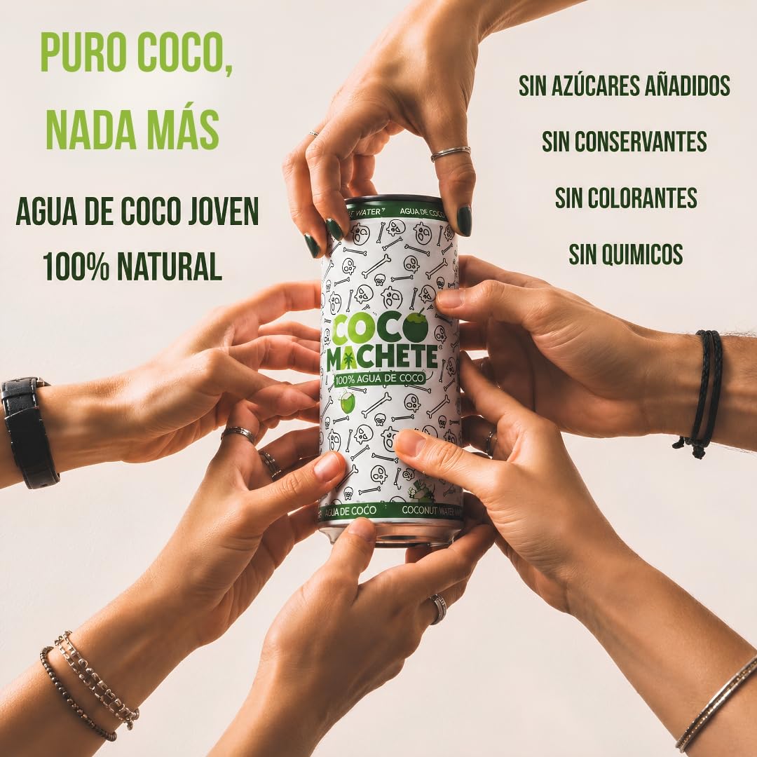 Coco Machete® Agua de Coco Natural 100% | Pack 24 Latas x 310 ml | Agua Coco Sin Azúcares Añadidos ni Conservantes | Hidratación Natural | Bebida de Coco Refrescante