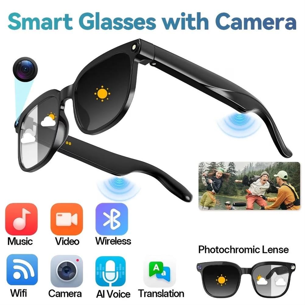 Occhiali Video Intelligenti con ia chiamate e Musica Senza Fili | occhiali intelligenti con ia bluetooth, registrazione video 4k hd e traduzione in tempo reale