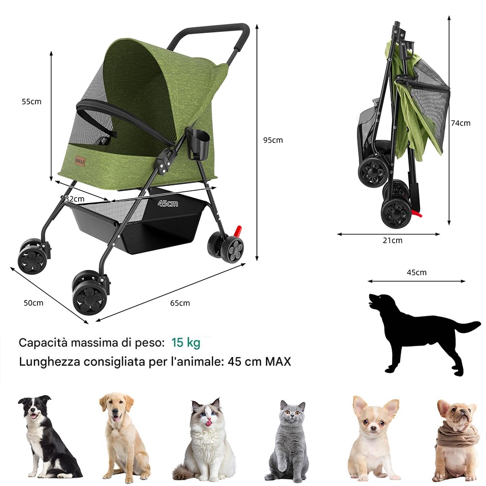 BAKAJI Passeggino per Animali Domestici Cani e Gatti Pieghevole e Salvaspazio Carico Massimo 15kg con Cestello Portaoggetti Ruote Bloccabili Cappottina Protettiva Anti UV (Verde)