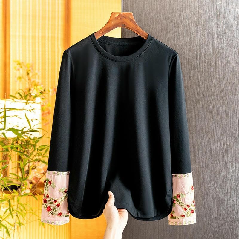 Women's White National Style Embroidered Spring Simple Versatile Patchwork Round Neck Top