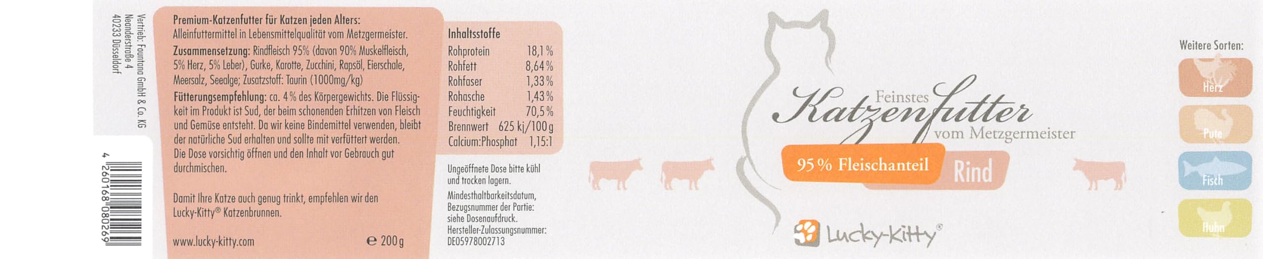 Lucky-Kitty Katzenfutter Nass Rind, 95% Fleisch, Monoprotein, 16x200g | 95% Fleisch, Ohne Getreide & Zucker, Lebensmittelqualität, Keine Zusätze, Made in Germany