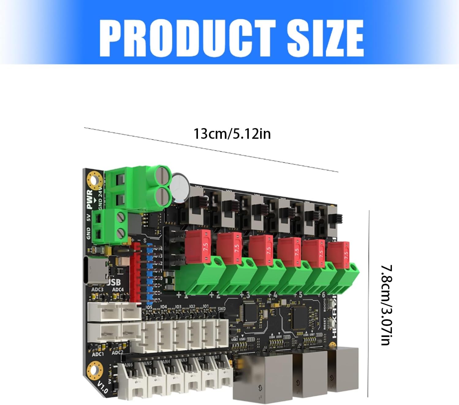 Hexa Distro Fusions 6 チャンネル USB2.0 拡張モジュール CAN バスと 24V/7.5A 電源制御付き