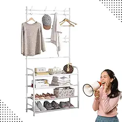 Sapateira Organizador com Cabideiro de Chão e 4 Prateleiras | Arara Multiuso Vertical para Roupas, Bolsas e Sapatos Branco)