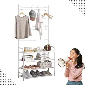 Sapateira Organizador com Cabideiro de Chão e 4 Prateleiras | Arara Multiuso Vertical para Roupas, Bolsas e Sapatos Branco)