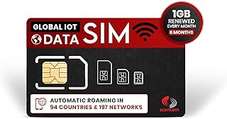 Global IoT Data Sim - 1GB Renewed every month - Automatic Roaming in 94 Countries & 197 Networks (6 Months)