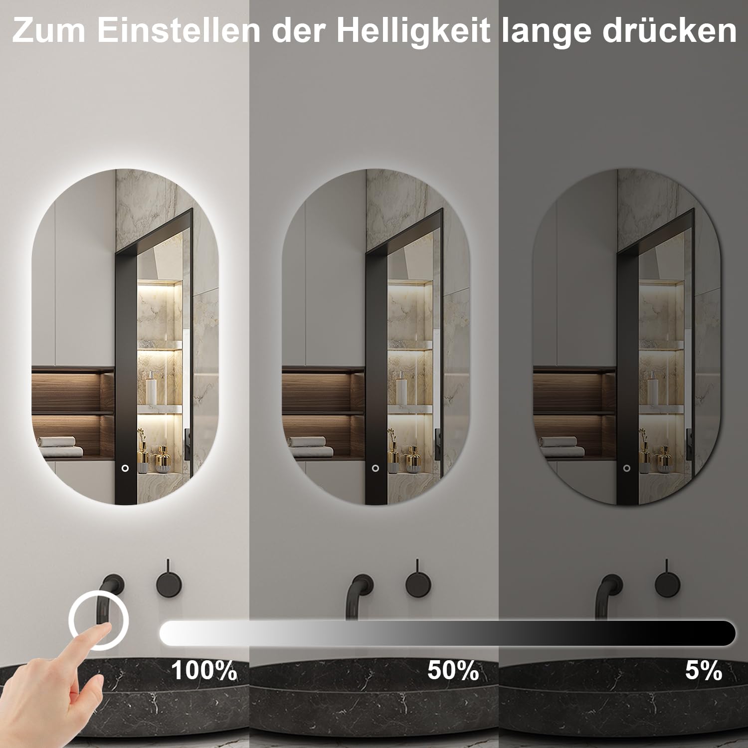 LED Badspiegel Oval 60x100cm Wand/Touchschalter Beschlagfrei Kaltweiß Dimmbar Badezimmerspiegel mit LED-Hinterleuchtung IP44