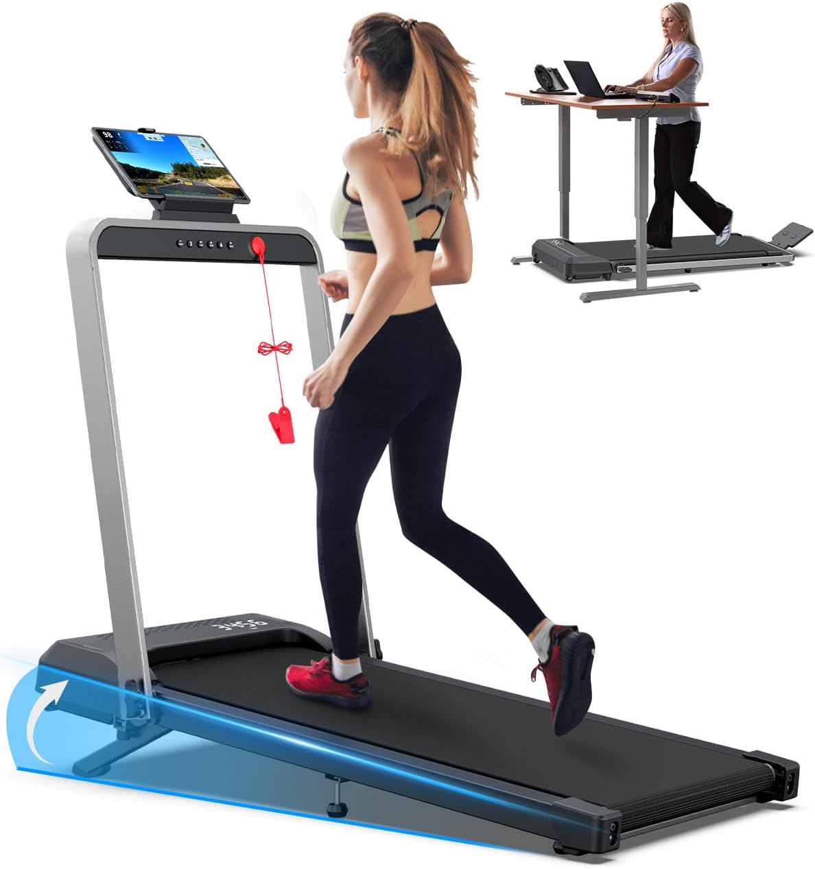 Folding Treadmills with 10% Incline, Under Desk Walking Pad 360lbs Weight Capacity, Treadmill for Home Office with Handle Bar, 3 in 1 Smart Treadmill Work with KINOMAP No Assembly Easy to Move