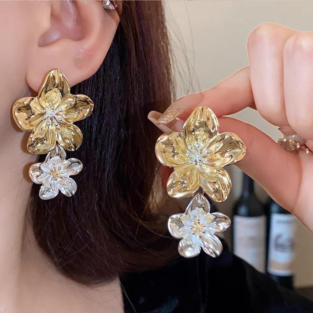 Gold Silver Flower Dangle Earrings for Women Large Two Tone Flower Drop Earrings Chunky Statement Floral Dangling Earring Jewelry Accessories - Image 6
