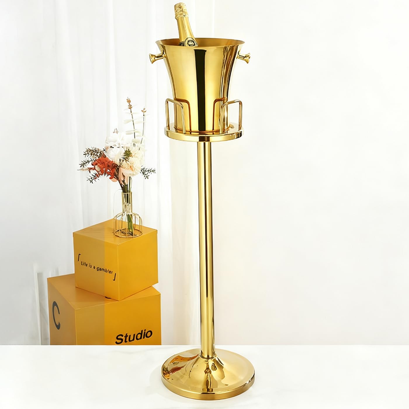 Golden Ice Bucket with Stand, Stainless Steel Champagne Ice Bucket, Standing Wine Beverage Bucket with Handles 5L Capacity Container on Stand for Party Bar Wedding Occasions