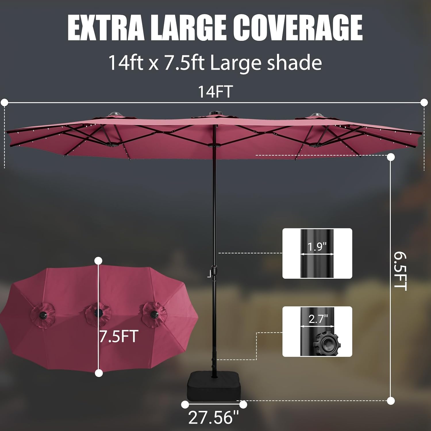 LEVELEVE 14FT Double-Sided Patio Umbrella with Base Included, Large Outdoor Rectangular Market Umbrella for Backyard, Poolside, Lawn & Garden,Red - Image 4