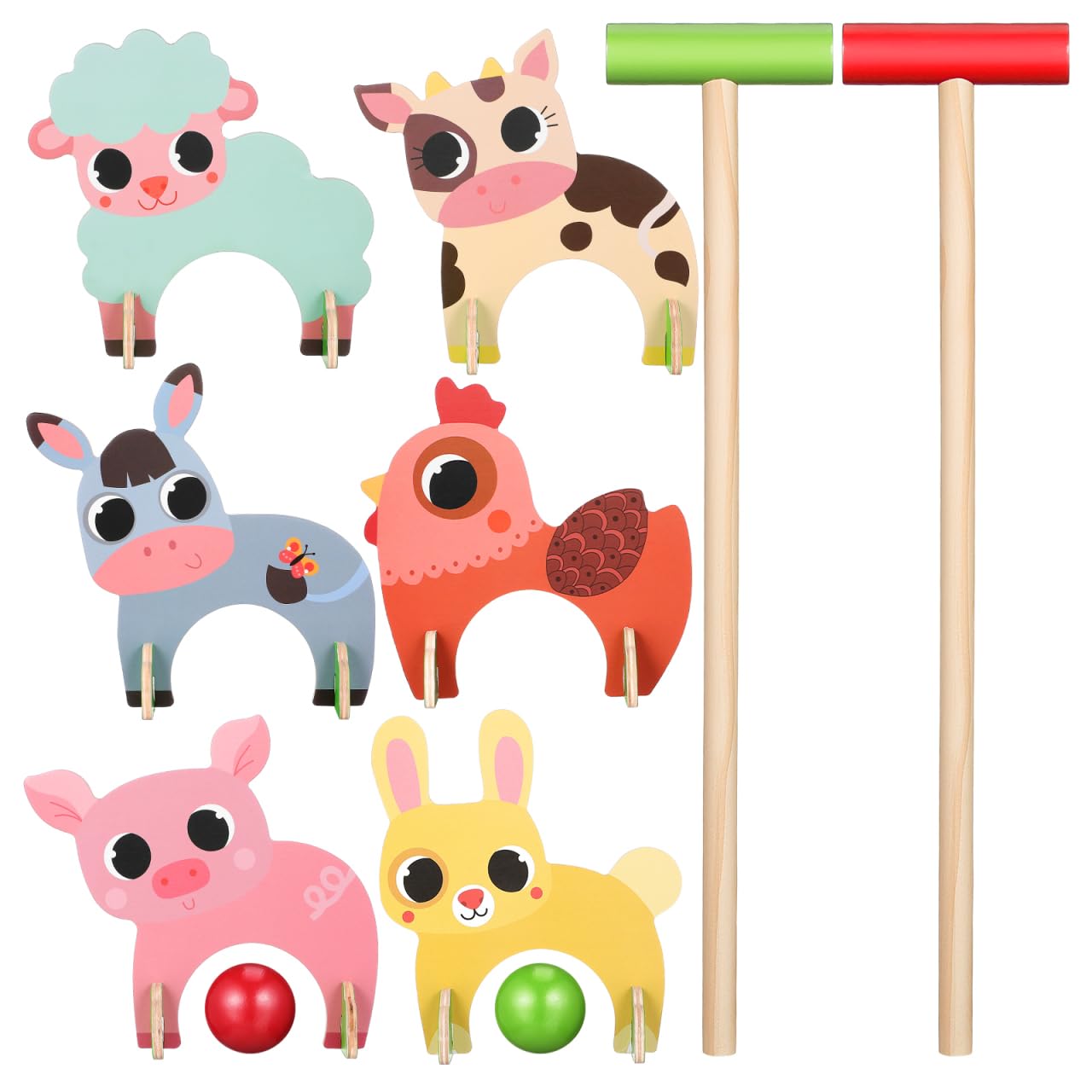 Housoutil Lustiges Tier-Gateball-Set, Krocket-Set aus Holz mit Tiermotiven, Pädagogisches Sport-Spielzeug mit Golfschlägern Und Krocketbällen, für Den Vorschulbereich im Freien