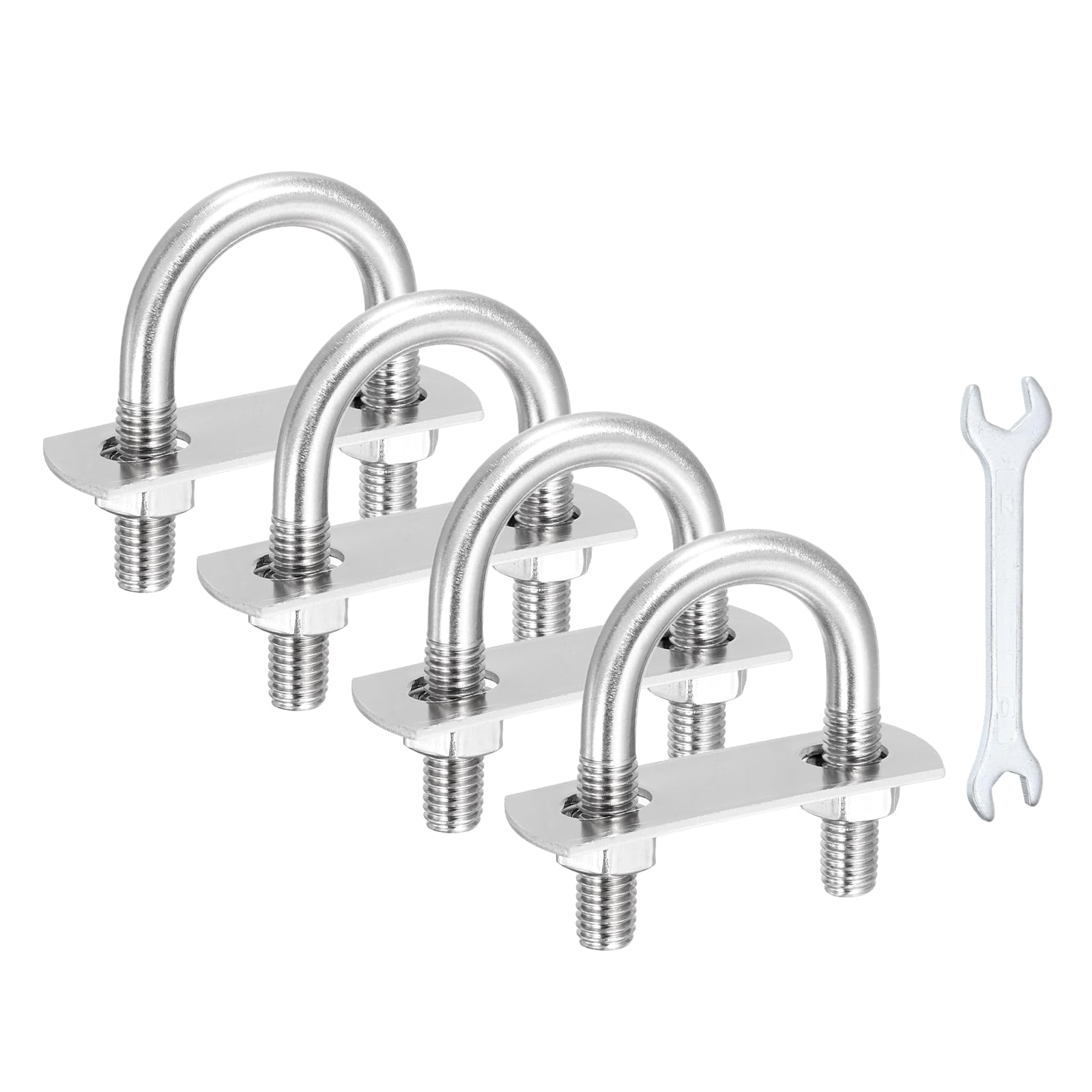 sourcing map 4Pcs M8 U-Bolts, 1.1"(28mm) Inner Width 2.08"(53mm) Length 304 Stainless Steel Round Bend U Bolts with Nuts Frame Plate Washers and Wrench for Trailers Boats Axle Sailboat
