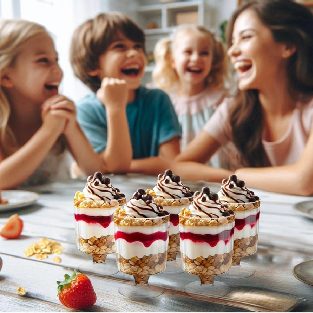 Party Essentials 5 OZ Mini Clear Plastic Dessert Parfait Cup for event Small Round Serving Goblet Wine Shot Disposable Fruit Ice Cream Mousse Pudding Appetizer Bowl, 40 Cups - Image 8