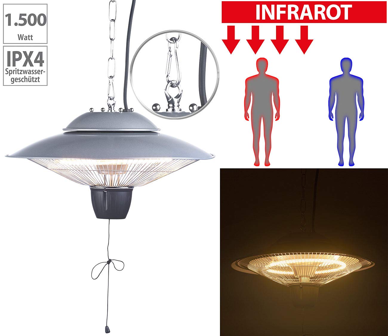 Semptec Urban Survival Technology riscaldatore a infrarossi da soffitto per esterno 1500 W IP24 grigio argento NX9330