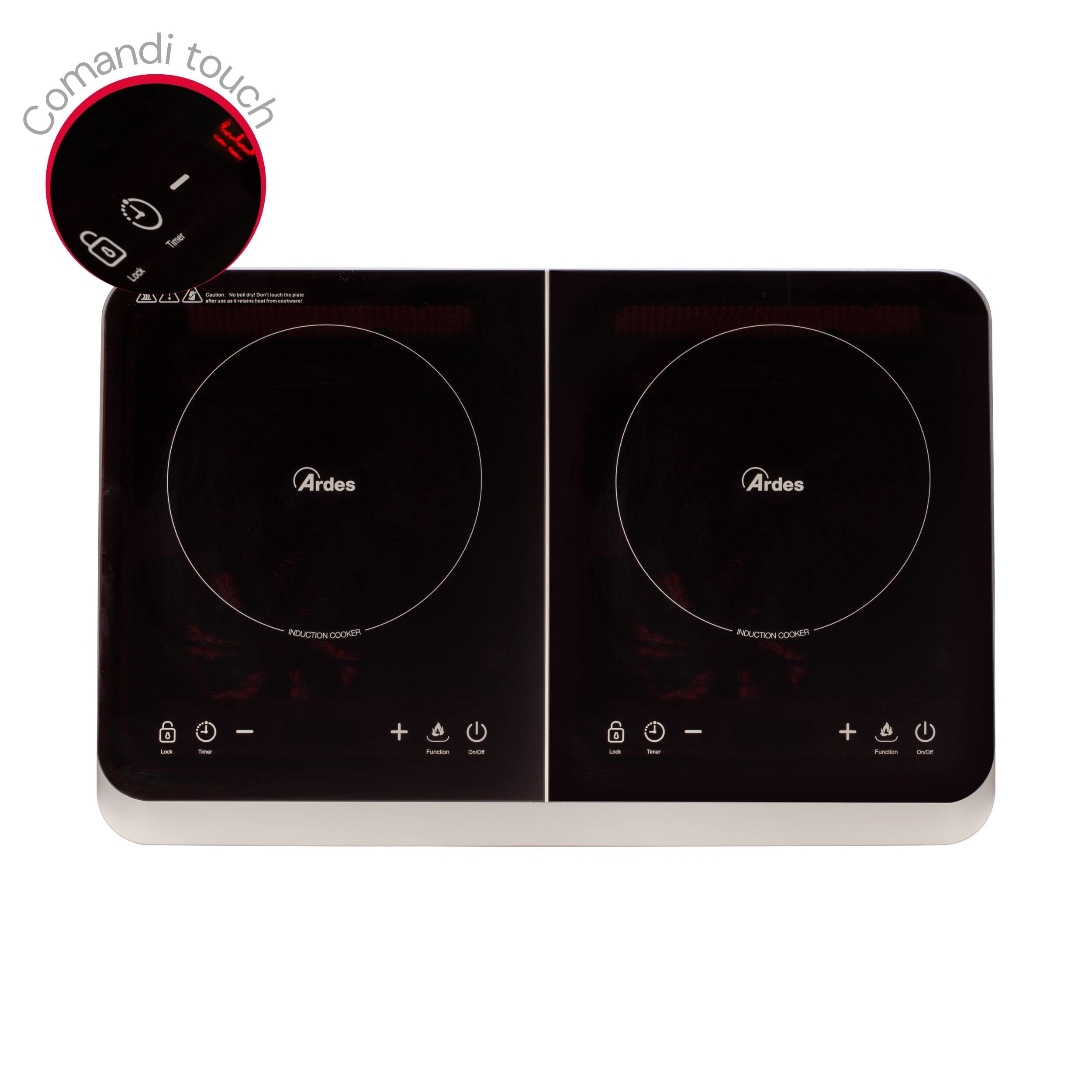 ARDES Hornillo Eléctrico con 2 Placas de inducción Potencia Diferenciada de 2000 y 1500 Watt Pantalla Digital Temperatura de hasta 240 Grados Placa Eléctrica Modelo AR1F602 Color Negro