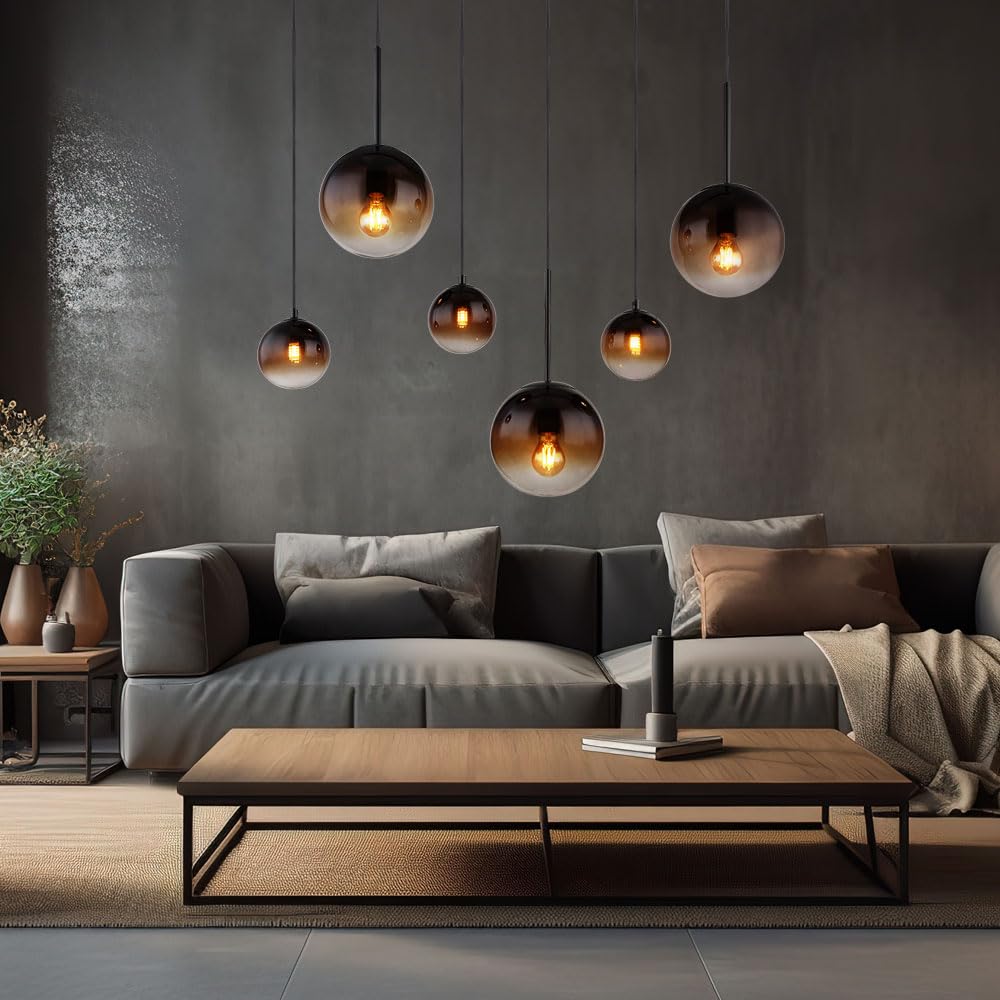 Pendelleuchte Esszimmerlampe Hängeleuchte Deckenlampe Wohnzimmerleuchte, Metall Glas amber rauchfarben schwarz, 3x E27 3x G9, 6 Flammig, H 117 cm