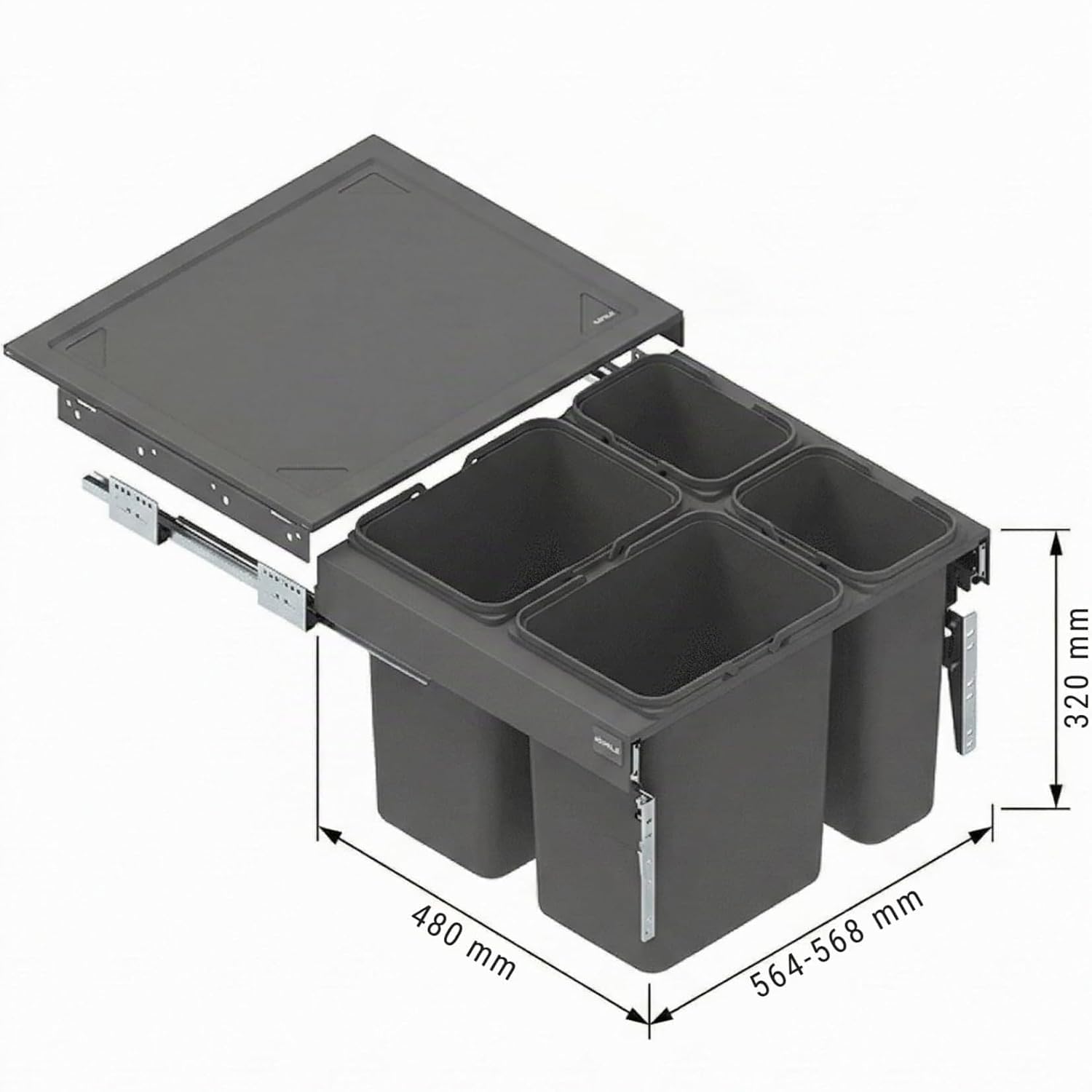 Einbau Mülleimer für 60 cm Küchenschrank 4 fach Abfallsystem 2x15L 2x7L Vollauszug Soft Close Metall Mülltrennung Frontmontage mit Ablage 56,4 x 48 x 32 cm