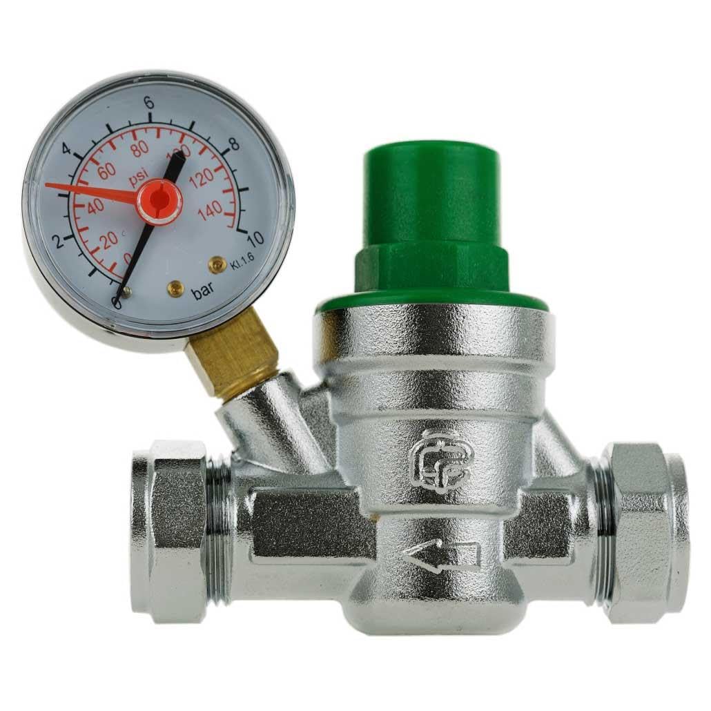 Pepte Silver Pressure Reducing Valve & Gauge 15Mm 22Mm Compression 0-6 Bar Adjustable