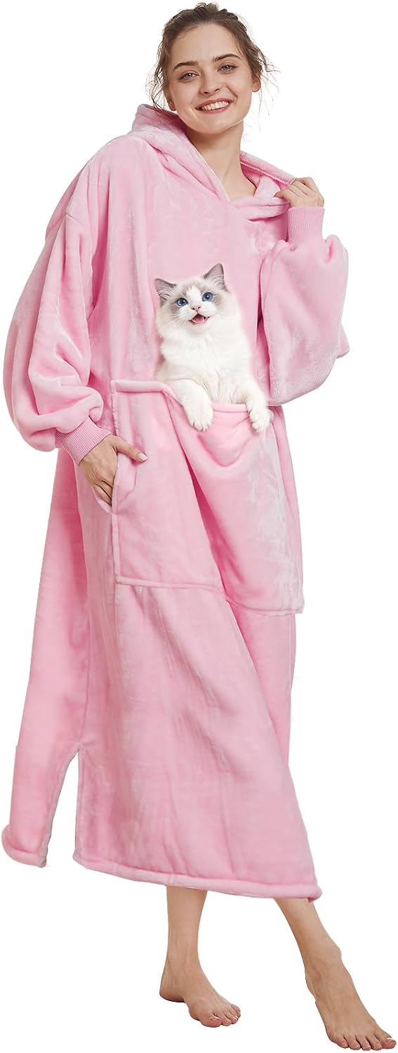 Aemilas Long Wearable Blanket Hoodie - Light Pink, Pet Friendly Oversized Hooded Blanket with Giant Pocket for Cats & Dogs, Cozy Fleece Gift for Women, Mom, Wife,Girlfriend