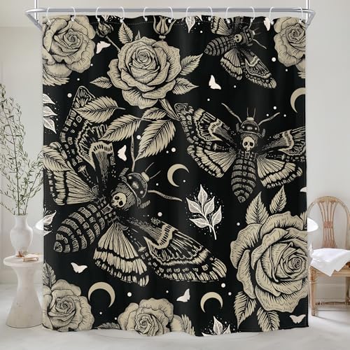 Homewelle Gothic Moth Skull Shower Curtain Mysterious Butterfly Flowers Plants 60Wx72H Inch Vintage Floral Retro Leaves Moon Night Starry Sky Stars Black Waterproof Polyester Fabric Bathroom Bathtub