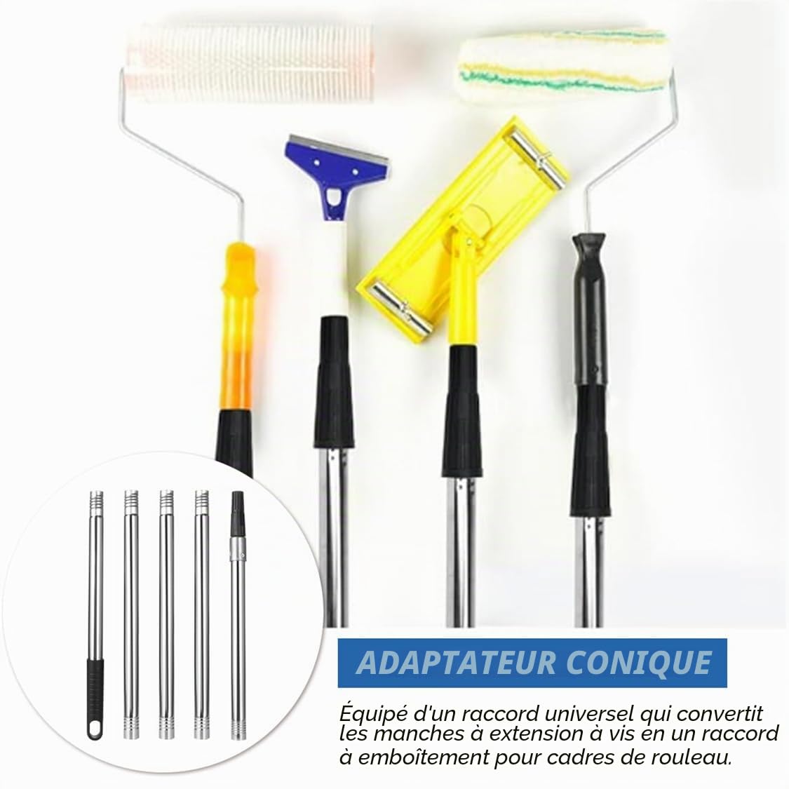 Rouleau de peinture Prolongation de manche en acier inoxydable télescopique en 5 parties avec adaptateur conique pour rouleau de peinture, outils de nettoyage, 40 cm - 180 cm