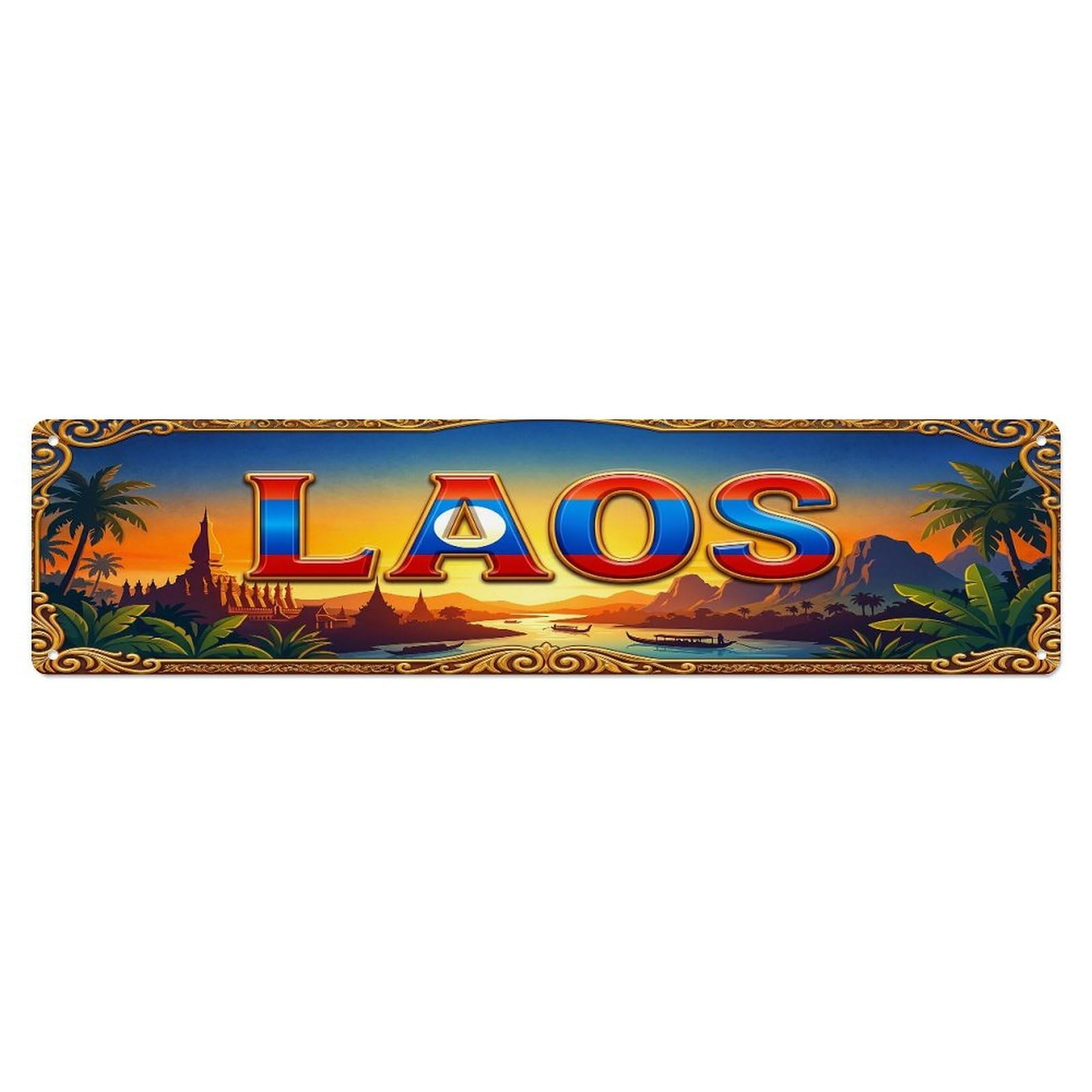 Cmhok Vintage Style Vintage Laos Flag Travel Pattern Metal Tin Sign Wall Decor For Cafe, Club, Garden Metal Poster 4X16inch