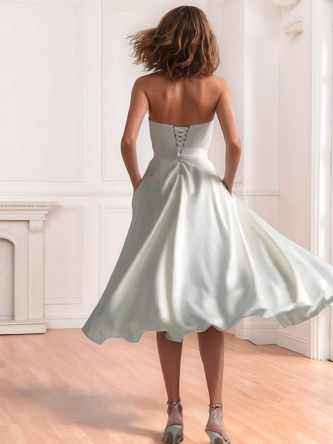 Tea Length Wedding Dress for Bride 2025 Strapless Satin Prom Dress Simple Wedding Party Gowns with Pockets