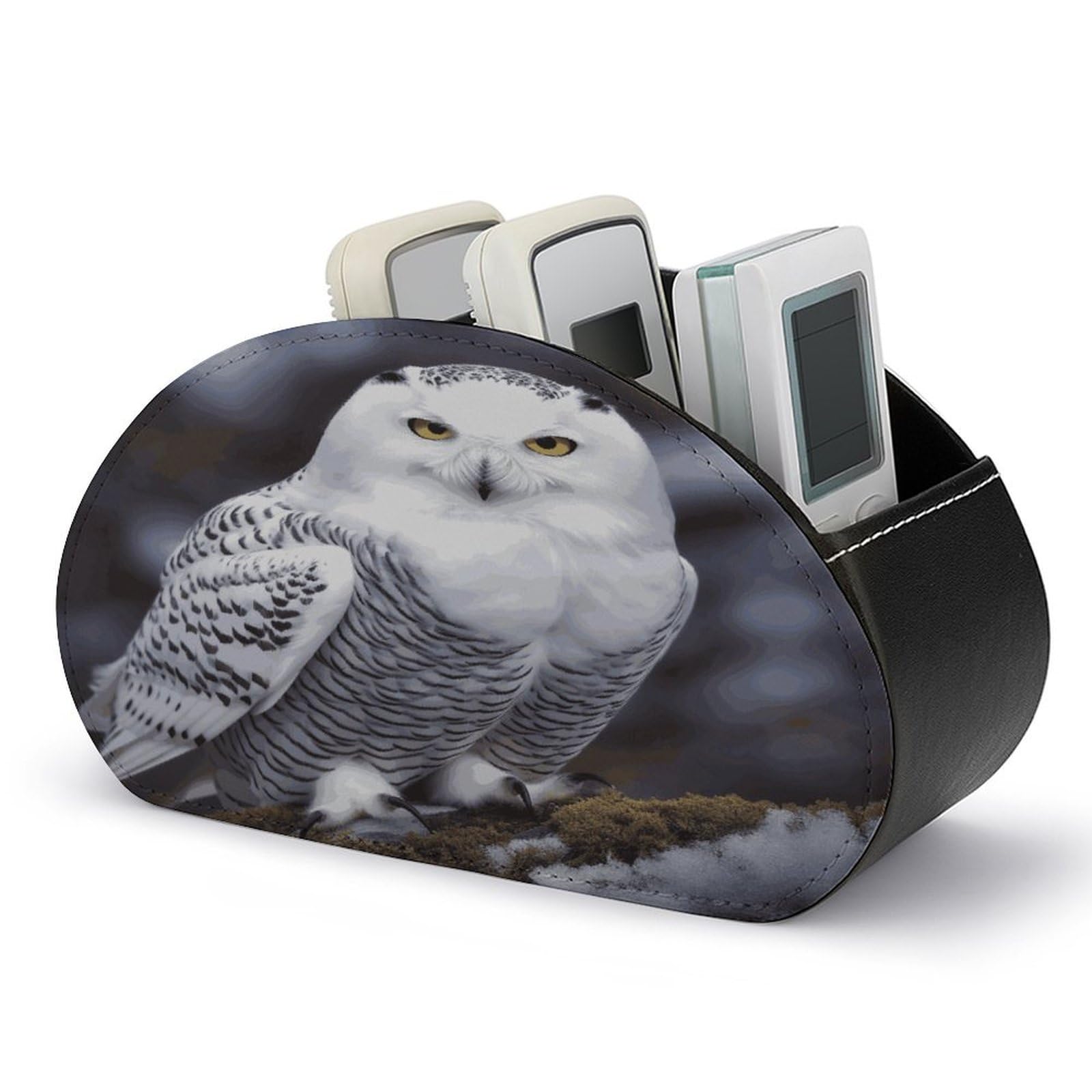 FekiLoot Arctic Owl Remote Control Holder with 5 Compartments Multi-functional TV Remote Caddy Organizer Leather TV Remote Holder Desktop Organizer Store for Bedside Table Office Desk